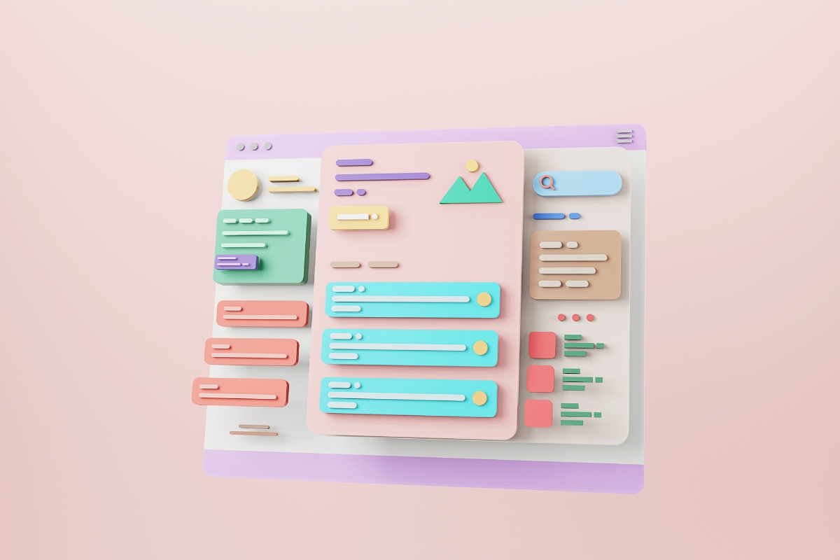 3D illustration of a web interface on a pastel background, featuring colorful elements like buttons, icons, menus, and a search bar, offering a vibrant glimpse into what is a landing page.