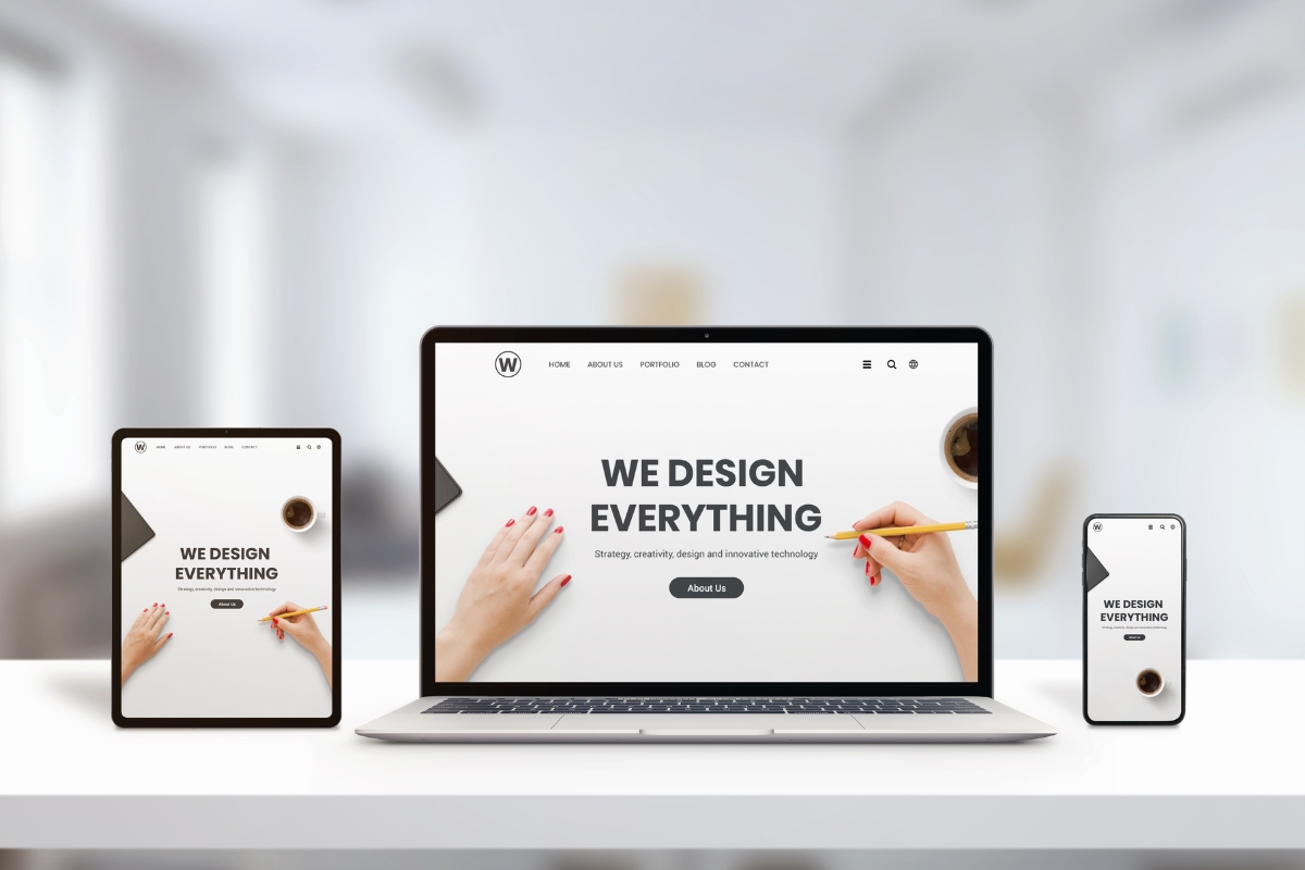 A tablet, laptop, and smartphone displaying the same webpage with the text "We Design Everything" against an out-of-focus office background, showcasing a perfect example of what a landing page should look like.