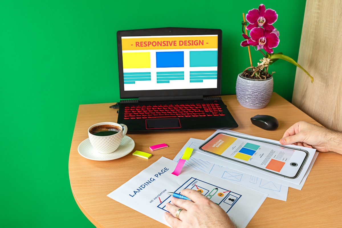 A person working on web design on a laptop and tablet, with papers and sticky notes scattered across the desk, contemplates what is a landing page. A cup of coffee steams gently nearby, next to a blooming potted orchid adding a touch of nature.