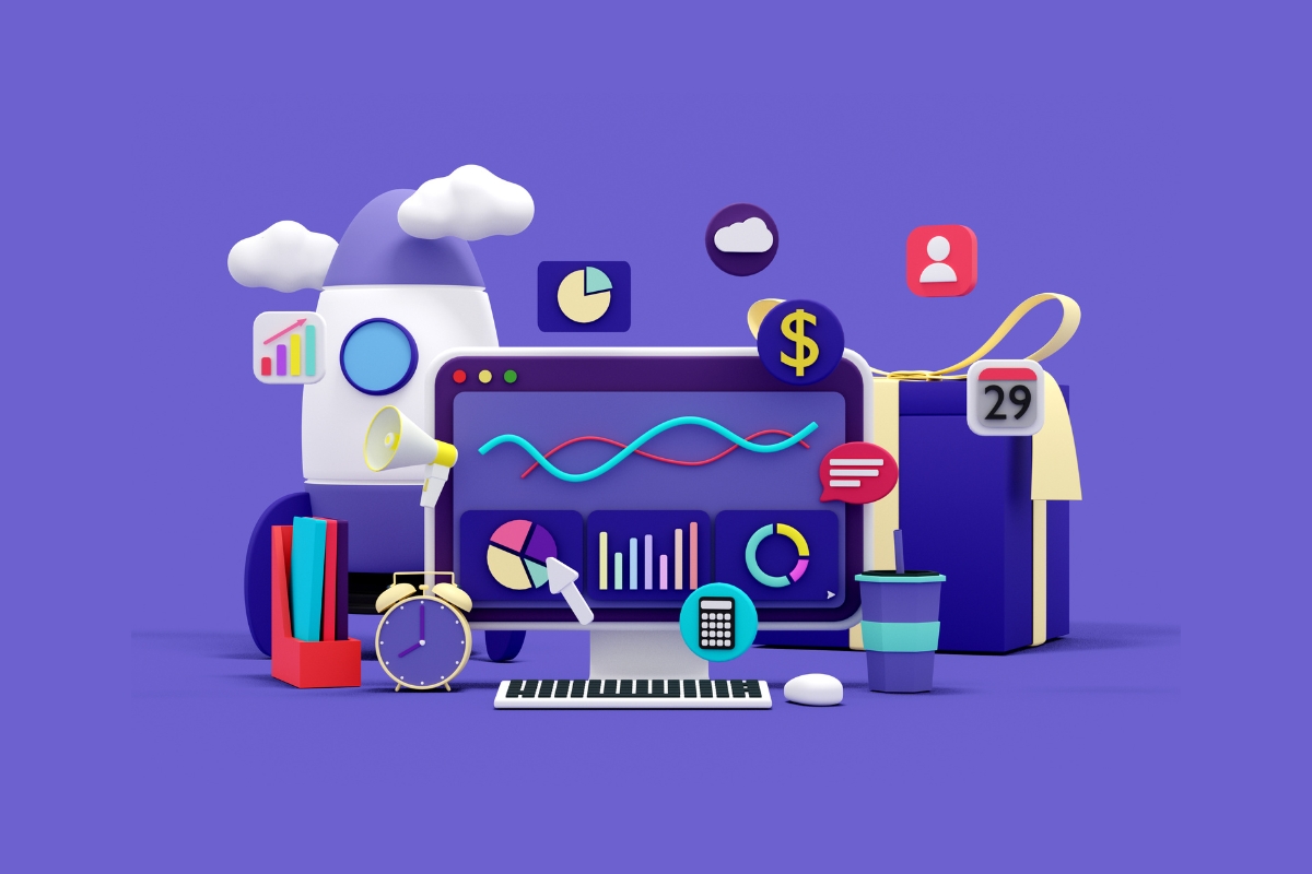 A 3D illustration showing a computer screen with data charts, surrounded by various icons, a rocket, a calendar, books, an alarm clock, a magnifying glass, and a cup—all set against a purple background and subtly hinting at the question: What Is Hyperlocal Marketing?