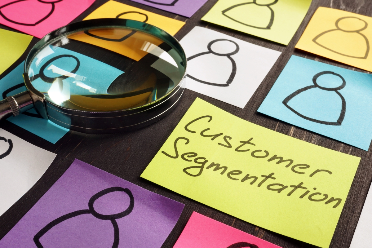 A magnifying glass rests on colorful sticky notes with simple human icons, surrounding a note labeled "Customer Segmentation," prompting the question, "What is Market Segmentation?