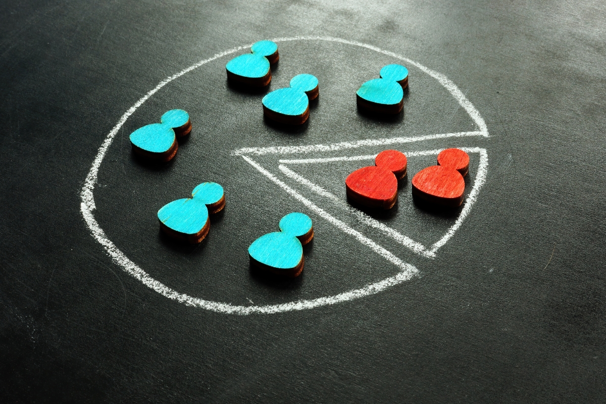 Chalk-drawn pie chart on a blackboard with blue and red peg figures on top, indicating portions of the chart's segments, visualizing what is market segmentation.