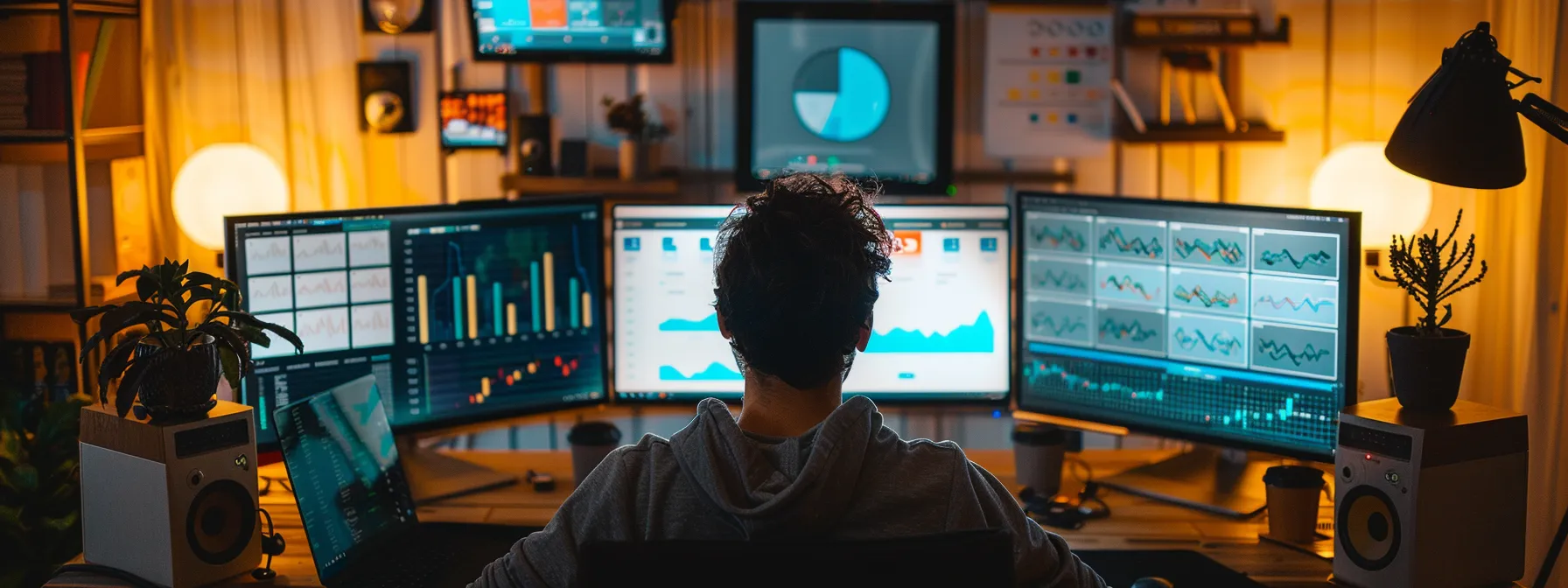 a person sitting at a desk surrounded by computer screens displaying various website analytics and seo tools.