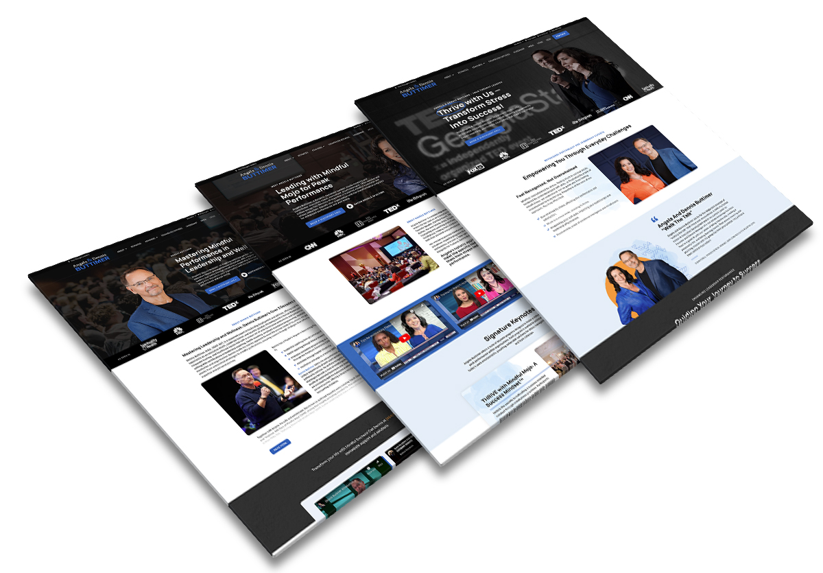 Three overlapping web pages display various informational sections with images and text. The pages include photos of thought leaders, headlines, and structured content in a professional design.