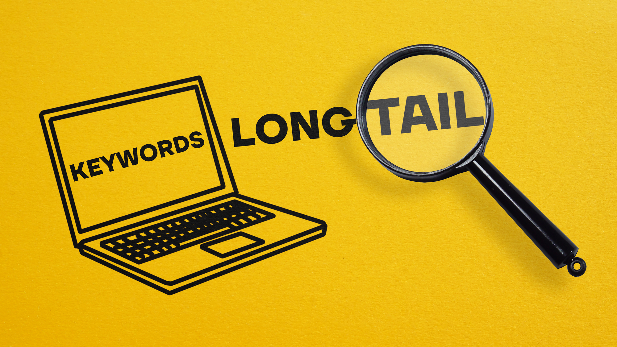 An illustration of a magnifying glass highlighting the words "Long Tail Keywords" next to a laptop displaying the word "Keywords" on a bright yellow background.