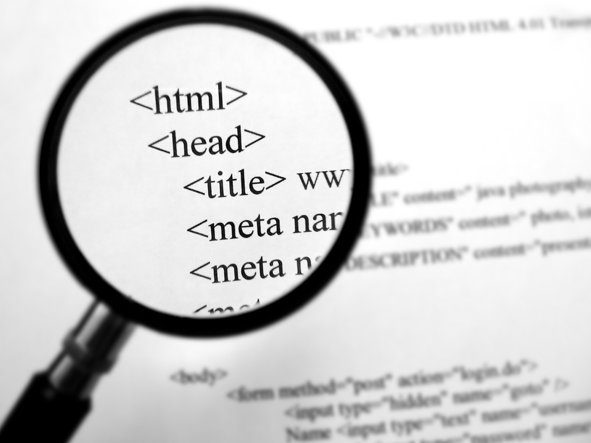 A magnifying glass focuses on HTML code including tags: html, head, title, and meta, highlighting elements crucial for SEO optimization.