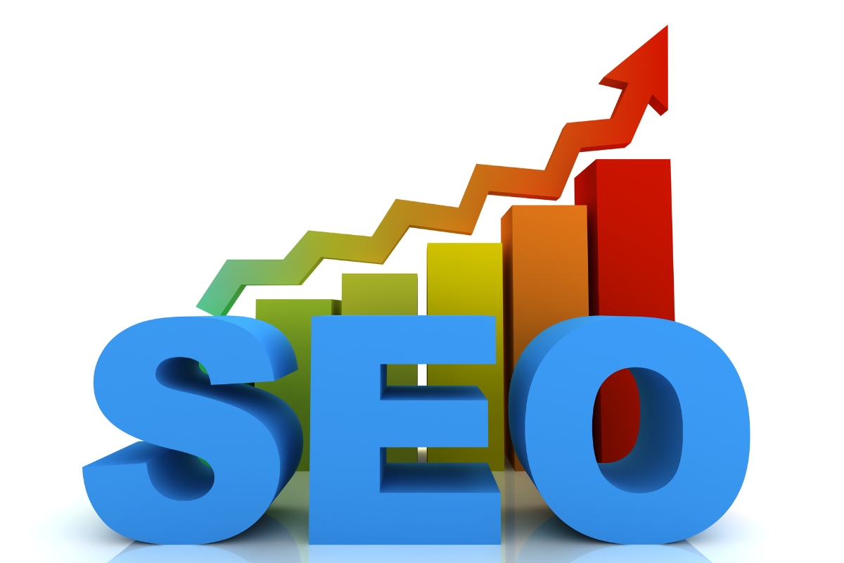 SEO in large blue letters with a bar graph and an upward arrow in the background, indicating growth through programmatic SEO.