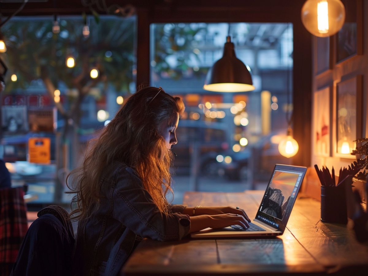 A person with long hair sits at a wooden table in a dimly lit cafe, using a laptop to research search intent. The exterior is visible through large windows, and several hanging lights illuminate the scene.