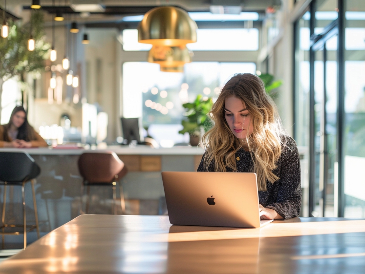 A woman is working on a laptop at a wooden table in a modern, well-lit café with hanging pendant lights and large windows. Another person is visible in the background, perhaps contemplating their search intent as they glance thoughtfully at their own device.