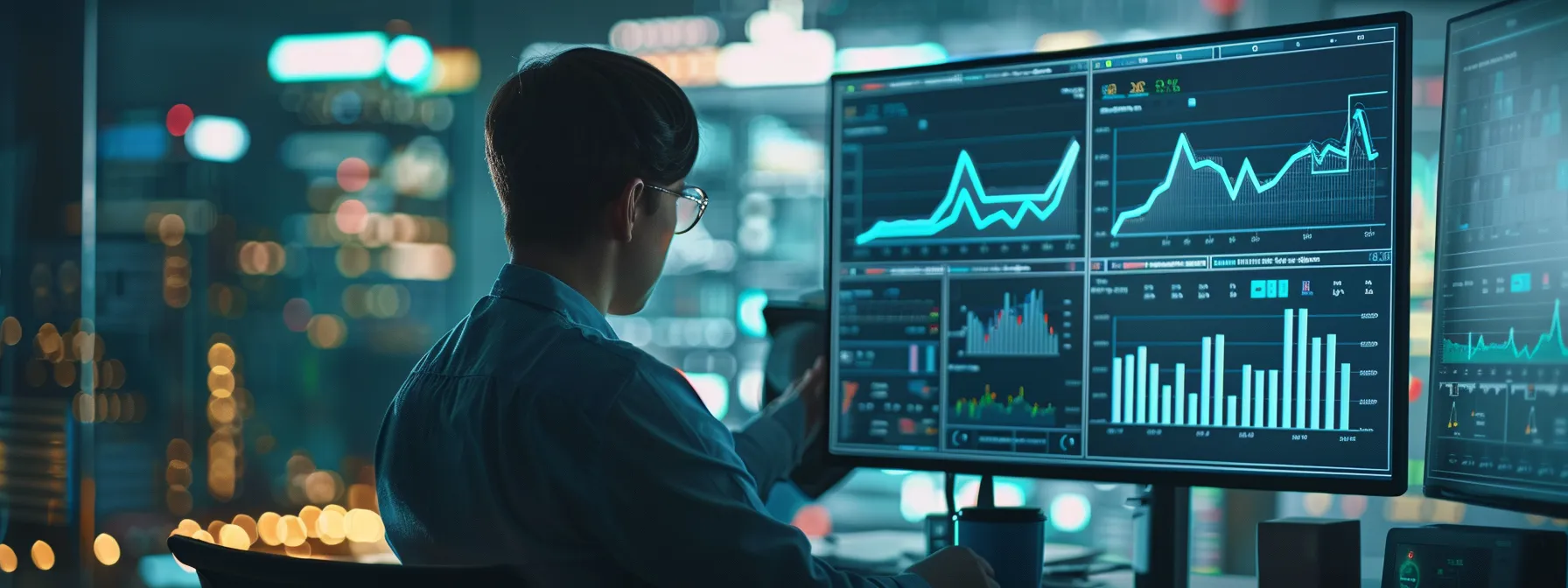 a person analyzing data on a computer screen with graphs and charts showing seo performance metrics for a small business.