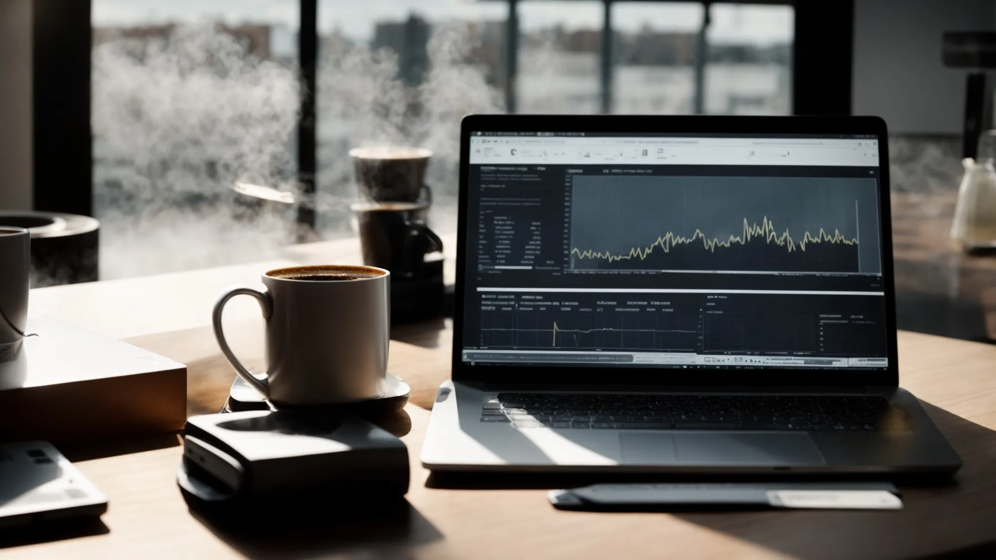 a laptop with graphs and analysis charts on the screen placed on a desk next to a steaming cup of coffee.