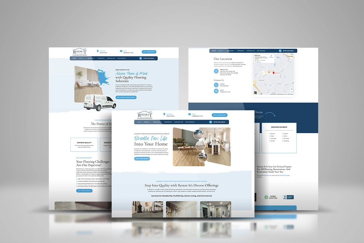 Restor-It offers a professional website template showcasing flooring solutions, including pages highlighting products, restoration services, a service van, a map of their location, and contact details.