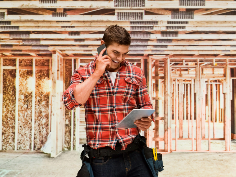 A contractor wearing a red plaid shirt and tool belt talks on the phone while holding a tablet using contractor crm software and home services crm, standing in a partially constructed wooden building.