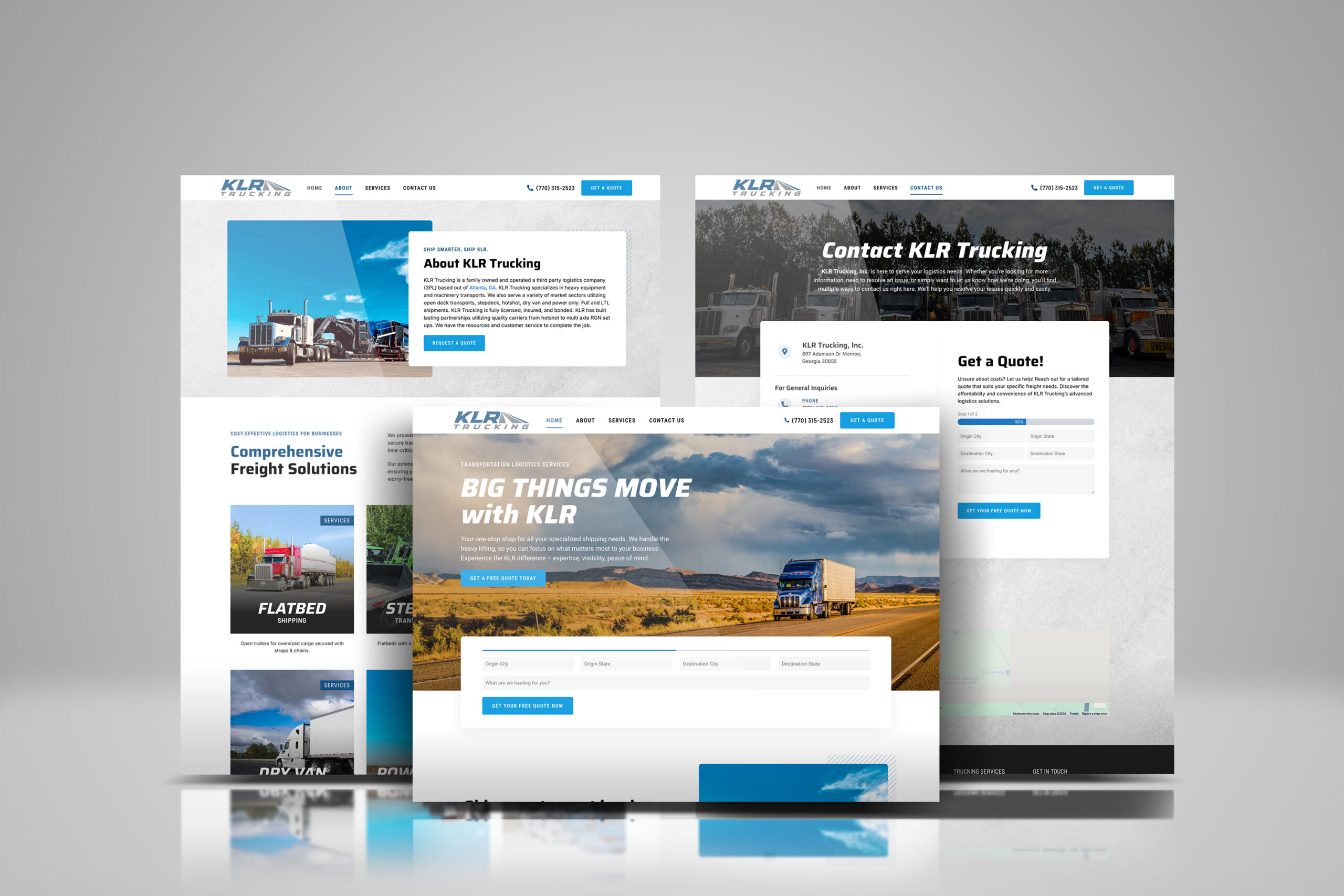 Image of a website design for KLR Trucking featuring sections for company information, contact details, getting a quote, and comprehensive freight and logistics solutions. Background includes images of trucks.