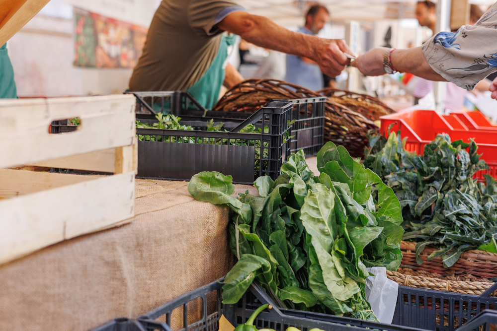 A close-up of fresh vegetables and leafy greens in crates at a farmers' market stall in the Farmers Markets of Marietta as a person hands money to a vendor.