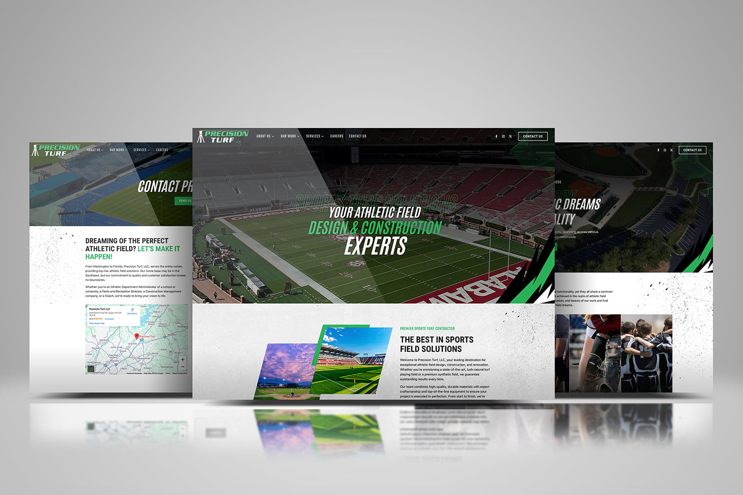 Three promotional flyers for an athletic field design and construction company are displayed. The central flyer, part of their new Website Project, highlights their expertise in Precision Turf and sports field solutions with images of stadiums and maps.