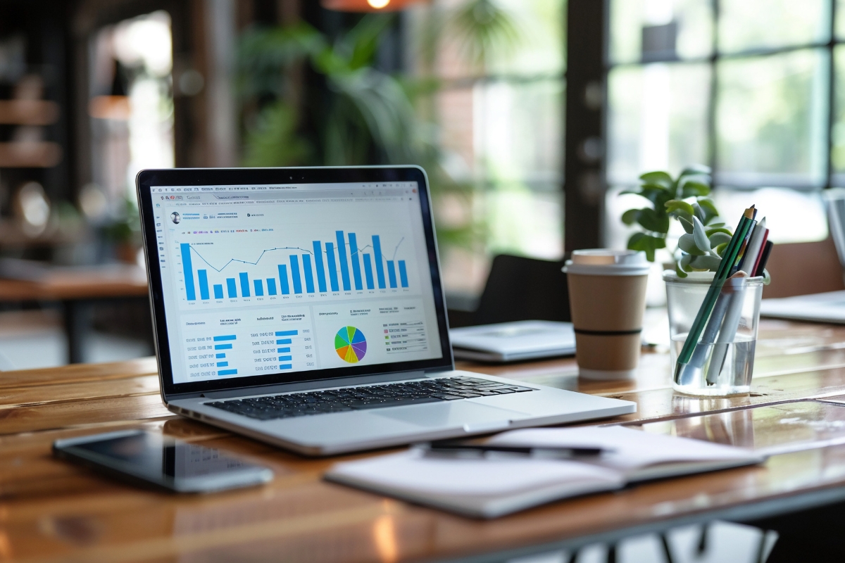 A laptop displaying charts and graphs is on a wooden desk along with a smartphone, notebooks, pens, and a coffee cup in a bright, modern workspace—showing the efficiency of CRM best practices.