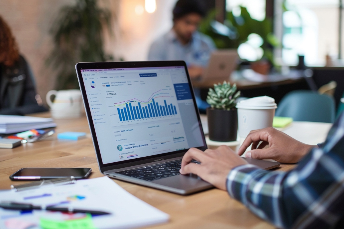 A person types on a laptop displaying a dashboard with financial graphs and data, efficiently handling customer data management. A coffee cup, plant, papers, and another person in the background are visible on the table.