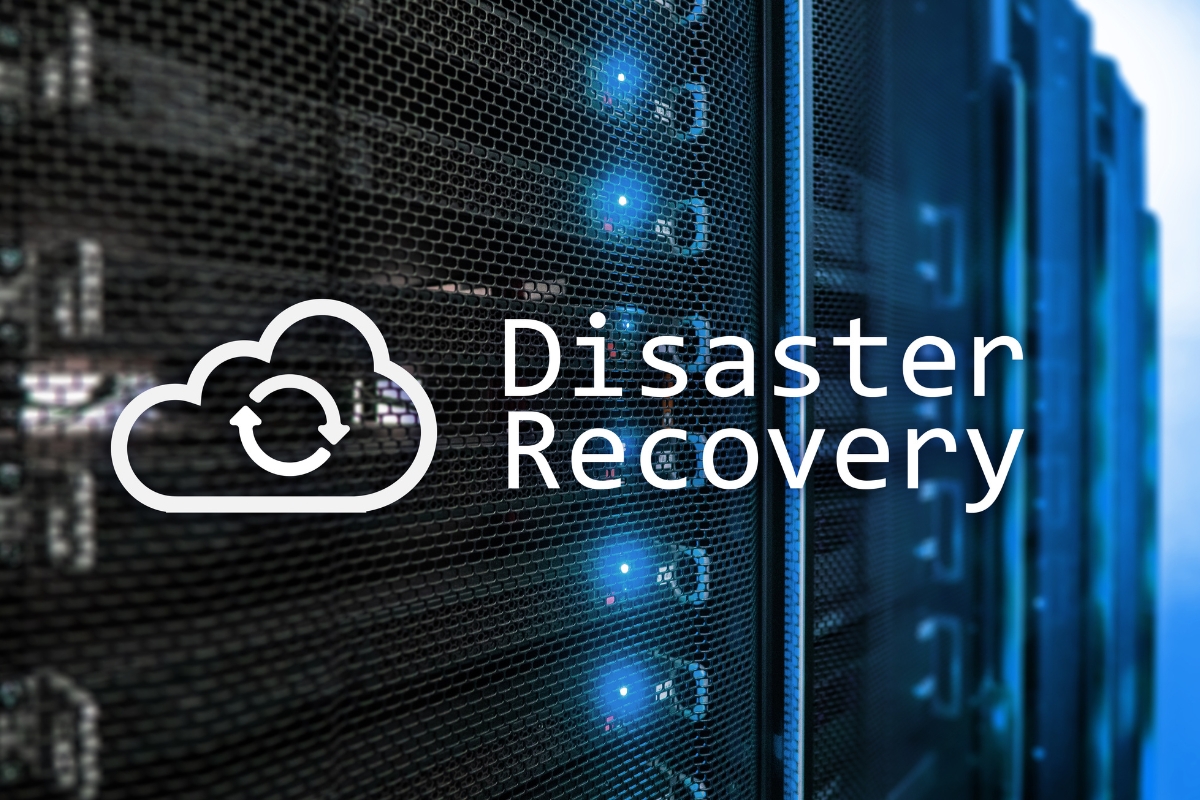 Text reading "Disaster Recovery" with cloud icon overlay on image of server racks with blue lights, highlighting the importance of Website Security and Off-Site WordPress Backups.