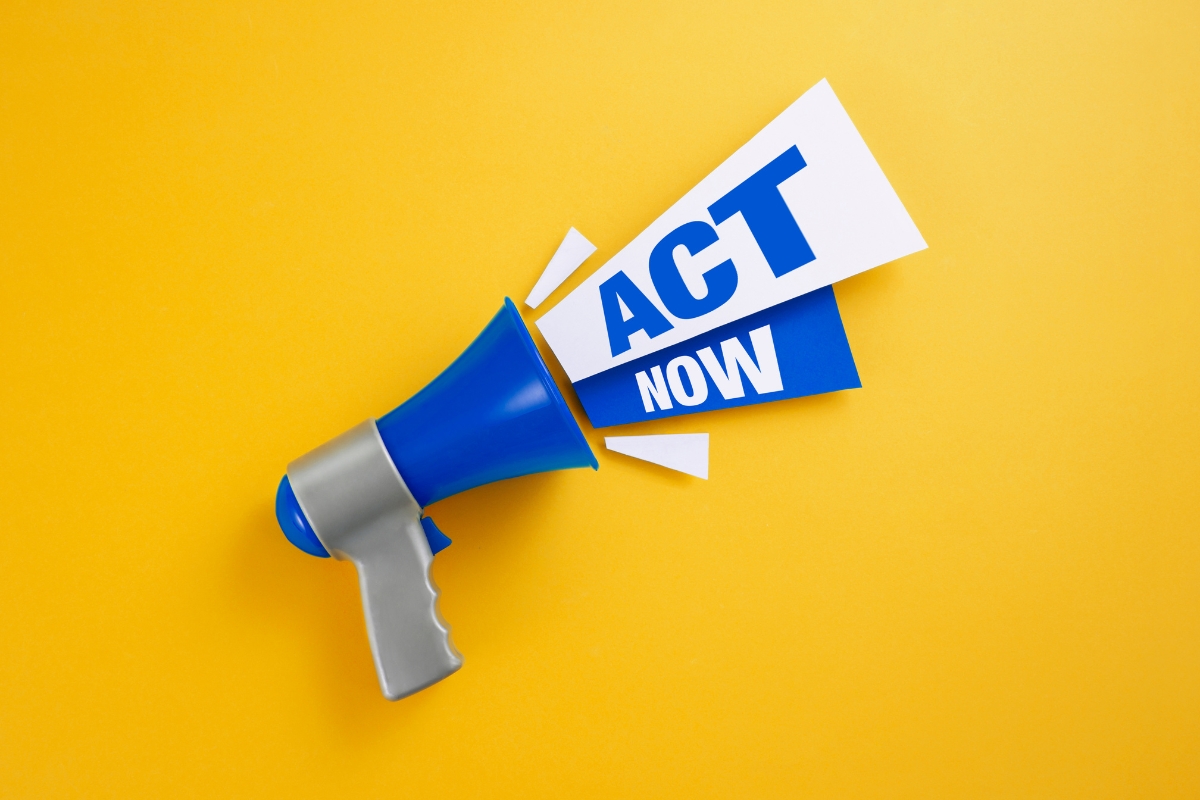 A blue megaphone emitting the words "ACT NOW" on a bright yellow background, perfect for eye-catching email signature marketing.