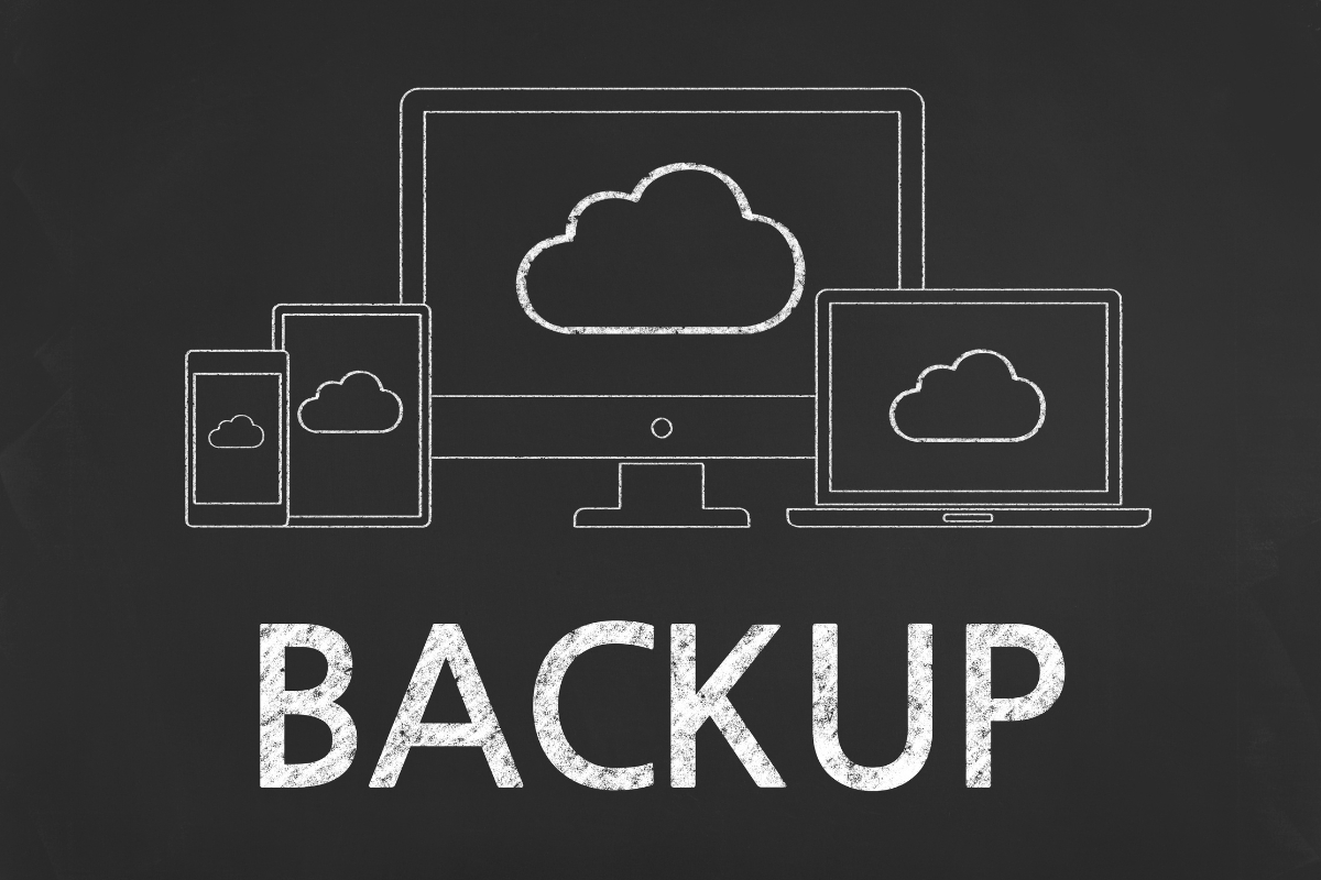 Illustration of electronic devices (desktop, laptop, tablet, and smartphone) with cloud icons on screens above the word "BACKUP" on a chalkboard-like background, emphasizing Off-Site WordPress Backups for enhanced Website Security.