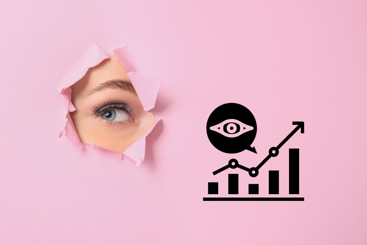 An eye peeks through torn pink paper, juxtaposed with an icon of an upward-trending graph, subtly hinting at the power of semantic SEO intertwined within its stylized circular gaze.