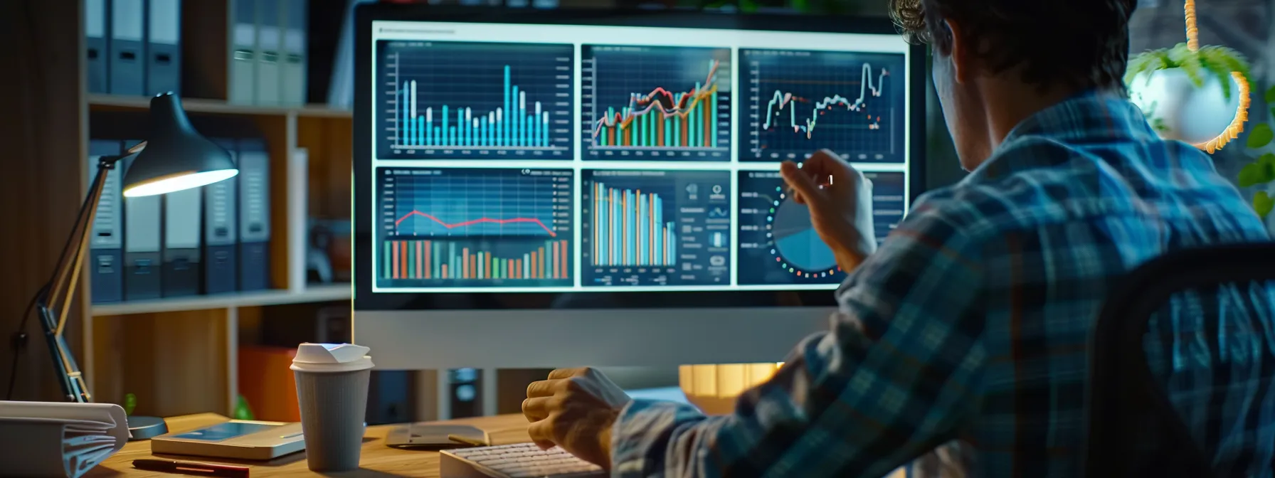 a person analyzing data on a computer screen with graphs and charts.