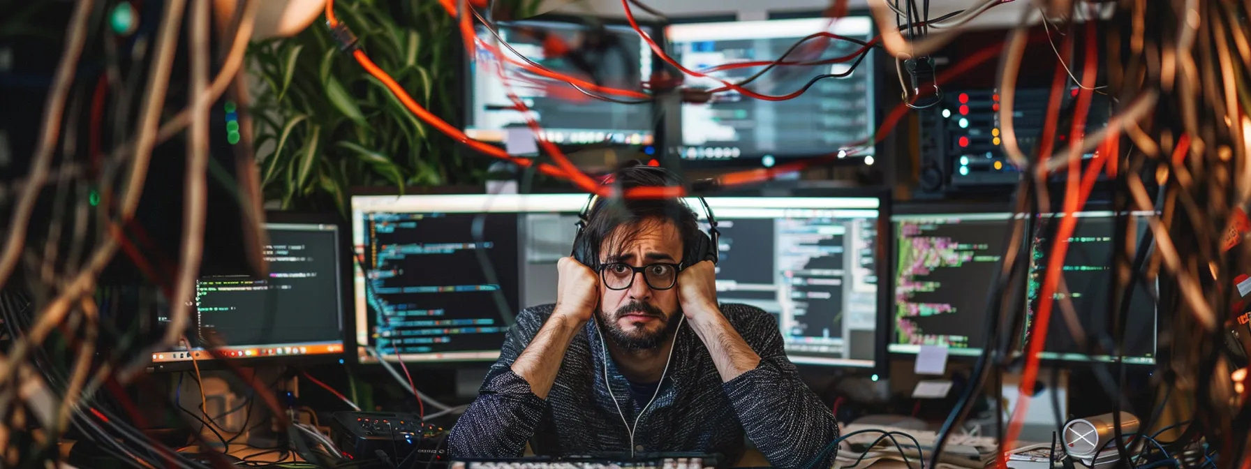 a frustrated web developer surrounded by tangled wires and computer screens displaying error messages while attempting to troubleshoot automated cleanup issues on a wordpress site.