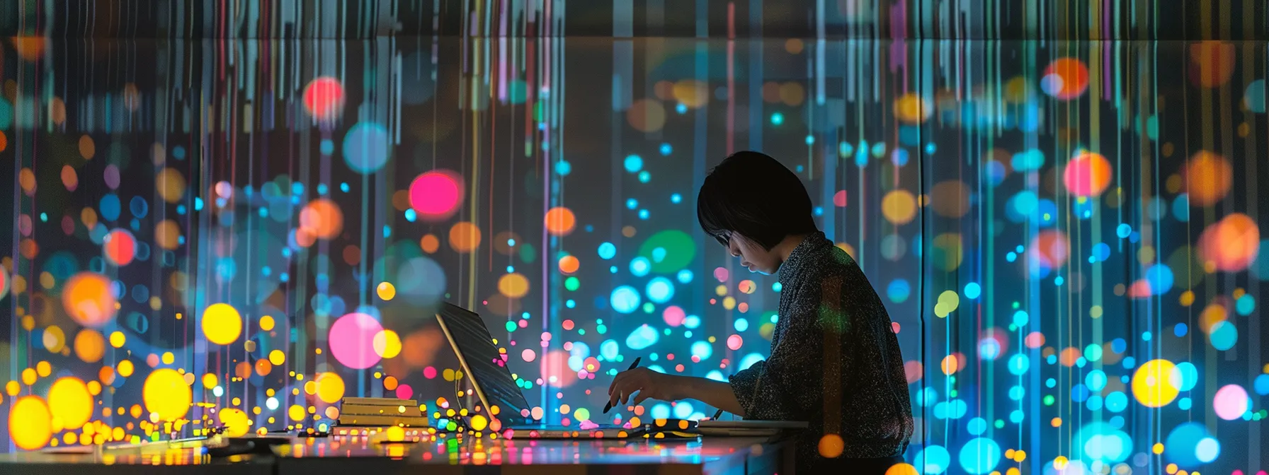 a person performing database maintenance on a computer, surrounded by colorful graphs showing data health and performance metrics.