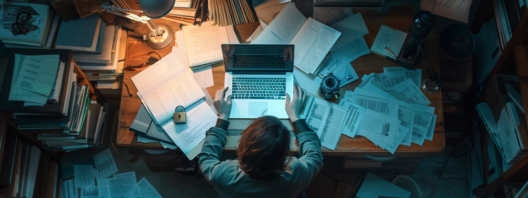 a person working on a laptop, surrounded by files and documents, with a locked padlock symbolizing security and protection.