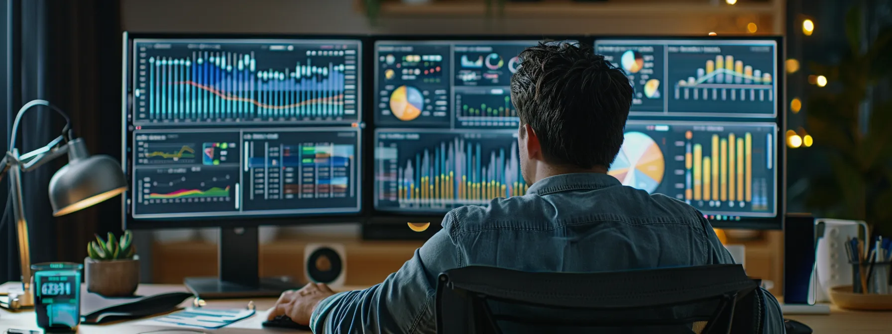 a person analyzing data on a computer screen with various graphs and charts displayed.