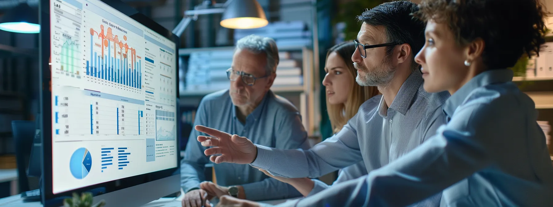 a group of business professionals gathered around a computer screen, analyzing data and discussing lead tracking strategies.