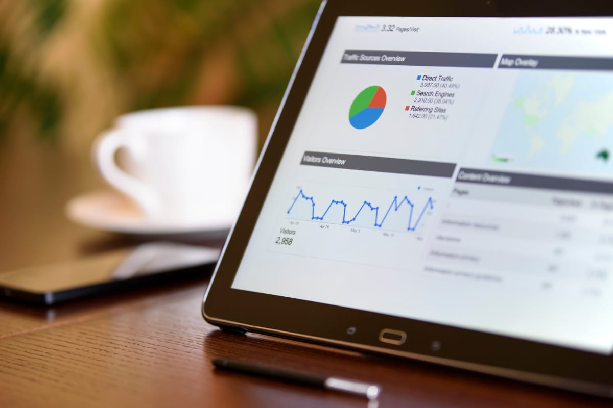 A tablet illustrates engaging content creation through analytics with graphs and a pie chart, alongside a smartphone and a steaming cup of coffee on a wooden table.