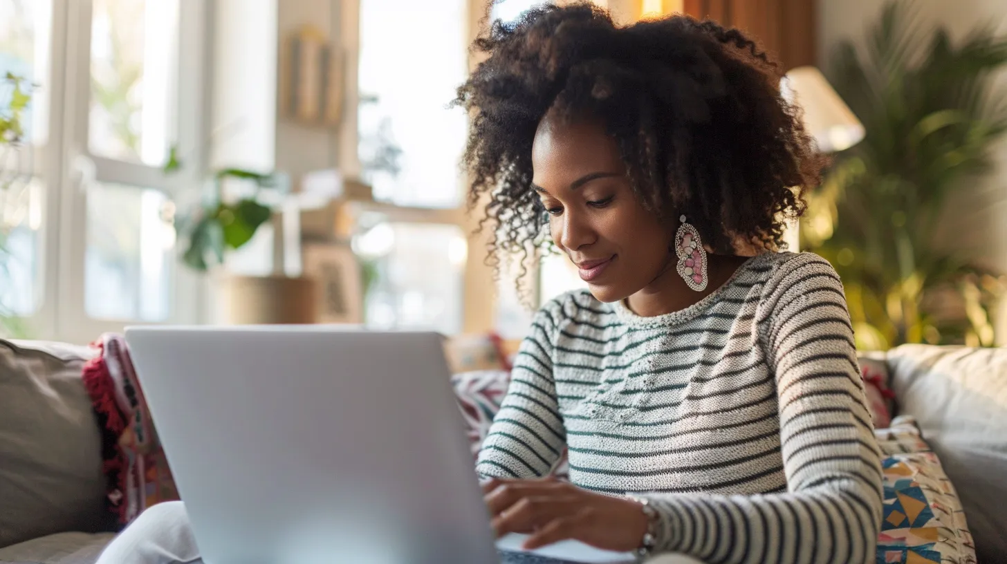 a woman sitting in front of a laptop using wordpress