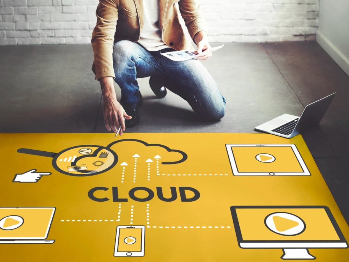 Person kneeling on the floor pointing at a large yellow graphic representing cloud computing, with interconnected icons of a laptop, desktop, tablet, and smartphone. A laptop is open nearby, displaying WordPress security settings and incremental backups.