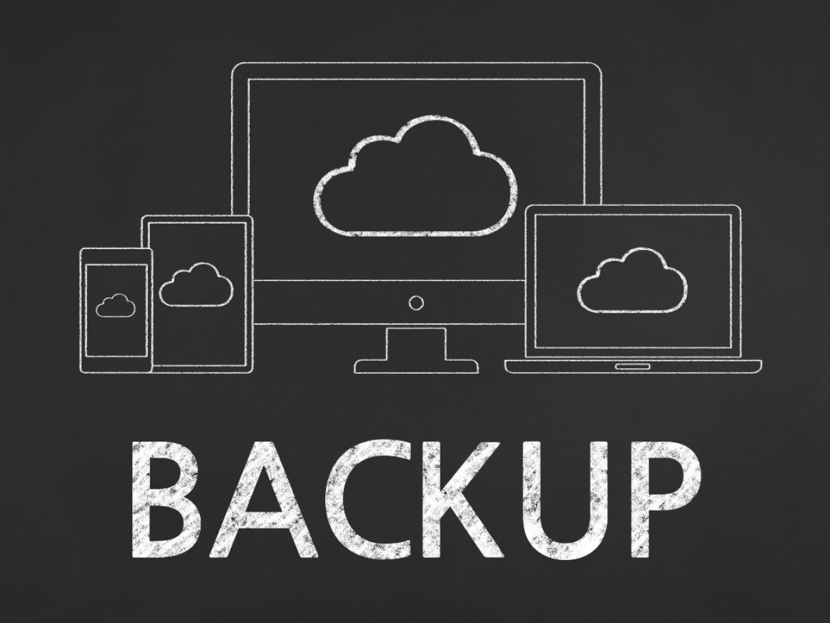 Illustration of electronic devices (desktop, laptop, tablet, and smartphone) with cloud icons on screens above the word "BACKUP" on a chalkboard-like background, emphasizing Off-Site WordPress Backups for enhanced Website Security.