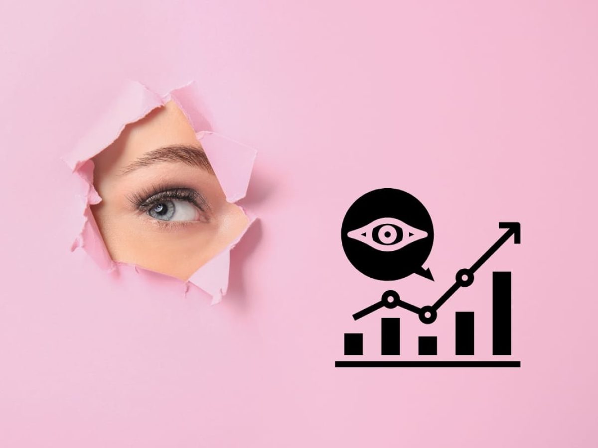 An eye peeks through torn pink paper, juxtaposed with an icon of an upward-trending graph, subtly hinting at the power of semantic SEO intertwined within its stylized circular gaze.