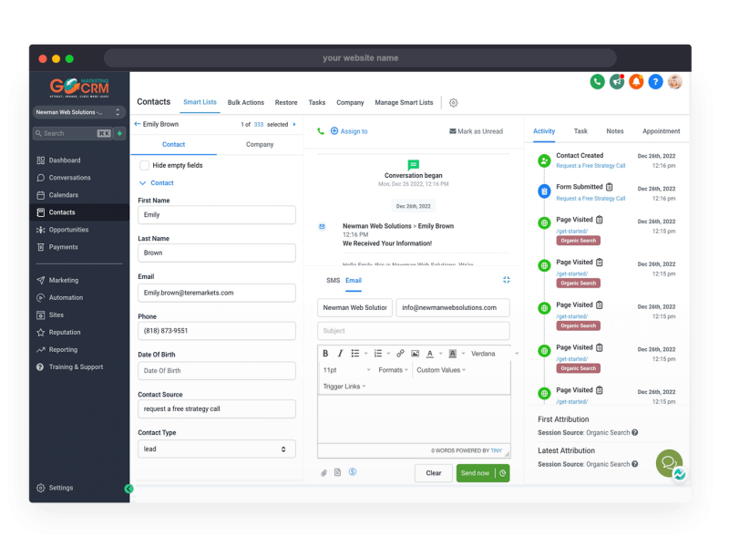 Screenshot of a CRM software interface showing a contact's details, email interactions, and activity feed. The side menu includes options like Dashboard, Contacts, Opportunities, and Reports.