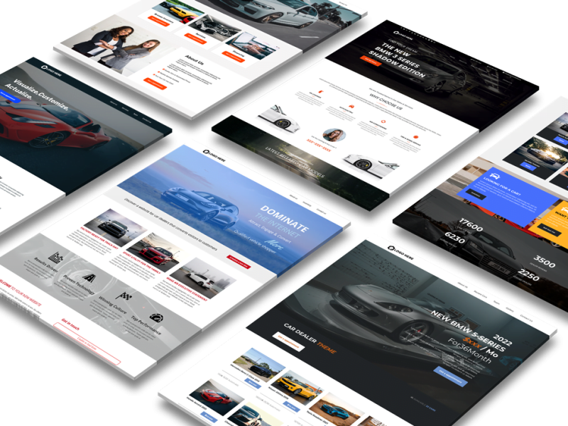 A display of six different car dealership website layouts showcasing various designs, colors, and car images. The layouts feature menus, promotional text, and imagery of cars.